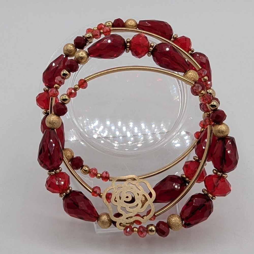Red Beaded Wrap Bracelet Gold Tone Rose Angel Charm Multi Layer Coil Jewelry